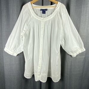 Susan Graver White Button-Up Blouse with Eyelet Hem Size 3X 100% Cotton